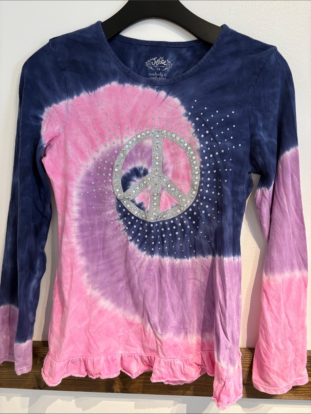 Justice Pink & Navy Tie-Dye Long Sleeve Top with Rhinestone Peace Sign